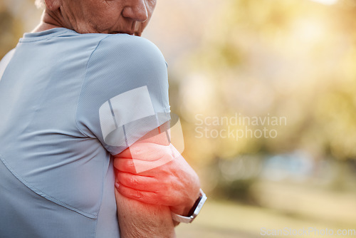 Image of Senior woman and workout arm injury inflammation discomfort on outdoor walk, run or jog. Active retirement person on exercise break with pain from accident, aging or elderly arthritis.
