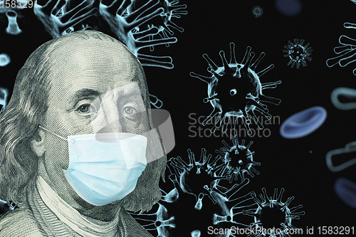 Image of Benjamin Ben Franklin isolated face from 100 dollar banknote with a face mask on covid background