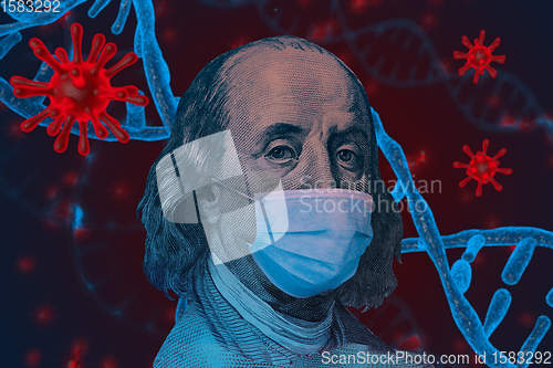 Image of Benjamin Ben Franklin isolated face from 100 dollar banknote with a face mask on covid background