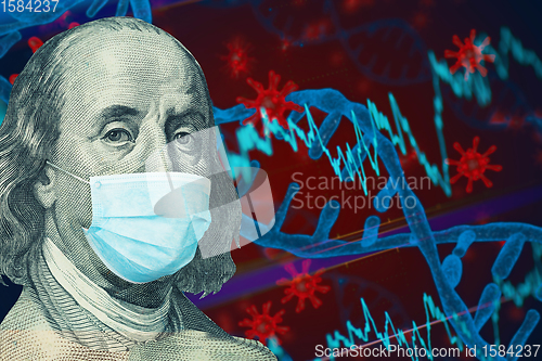 Image of Benjamin Ben Franklin isolated face from 100 dollar banknote with a face mask on covid background