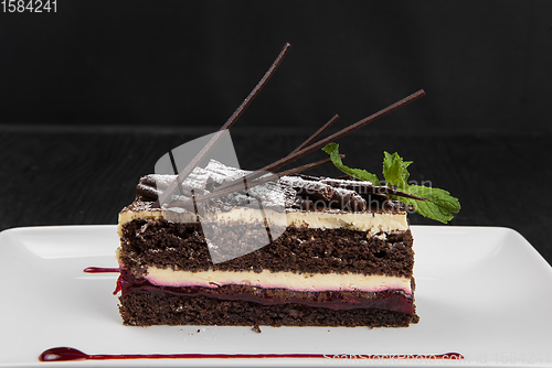 Image of Plate with piece of delicious chocolate cake