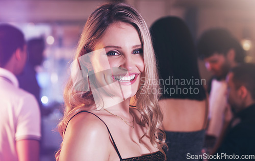 Image of Portrait, happy or woman in a party at night social event in celebration of New Year or birthday in Los Angeles. Face, clubbing or beautiful young girl model smiles to celebrate happiness or holiday