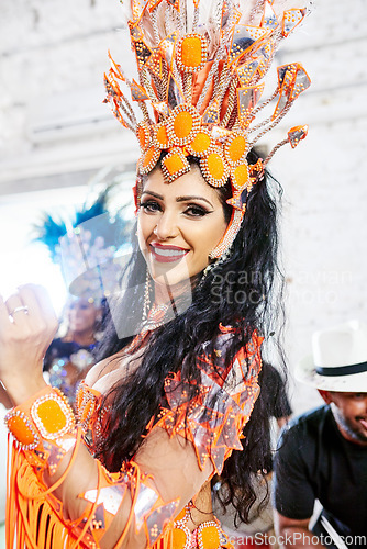 Image of Samba dancer, party and rio de janeiro woman portrait happy about celebration and dancing. Talent, festival and mardi gras new year with music and smile about to perform carnival performance artist