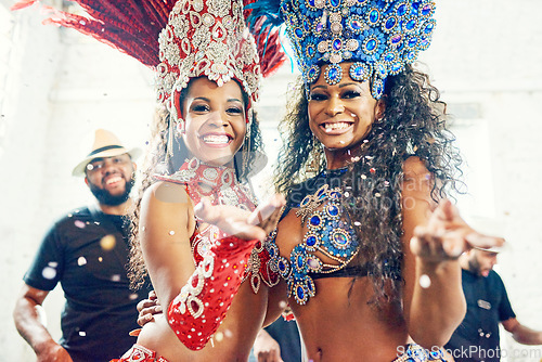 Image of Black women, samba dance and carnival party in Brazil for dancing festival, music event show and crazy new year celebration. Rio De Janeiro, happy face smile and portrait of latin Brazilian culture