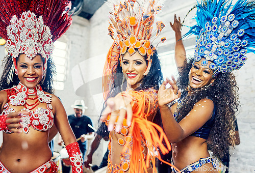 Image of Brazil carnival, women and samba dancing for celebration at party, event or festival with costume for live music performance. Happy female group doing culture dance at Rio de janeiro new years show