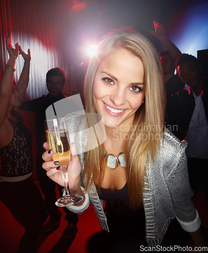 Image of Portrait of happy woman, nightclub and drinks at party, celebration and new years evening in Russia. Young girl, night club and disco to enjoy drinking, happy hour and celebrate fun with wine glass