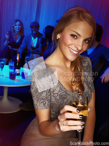 Image of Portrait, woman and champagne for event, party and with friends in club. Young lady, girl and New year with drink, alcohol and happy hour for celebration, happiness for night life or relax with smile