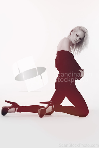 Image of Beauty, fashion or art with a model woman in studio on gray background with mockup and flare for style. Mock up, creative and aesthetic with young monochrome female in trendy black and white clothes