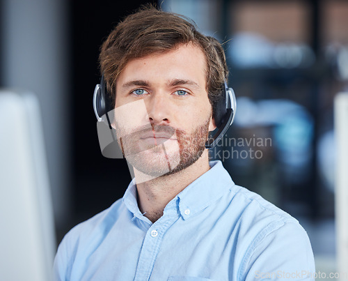 Image of Call center, consulting and portrait of businessman for customer service, contact us and technical support. Help desk, advisory and telemarketing with employee and microphone for phone call sales