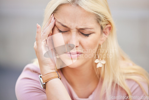 Image of Headache, stress and frustrated with woman in pain suffering with anxiety, depression and burnout fatigue. Mental health, sad and migraine with face of worried girl for sick, mistake and exhausted