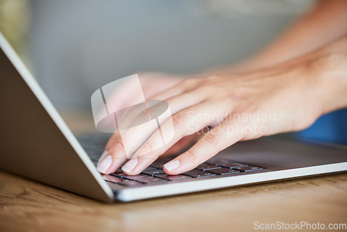 Image of Laptop, keyboard and hands of woman typing feedback review of financial portfolio, investment research or stock market report. Economy, cryptocurrency and trader work on bitcoin, nft or forex trading