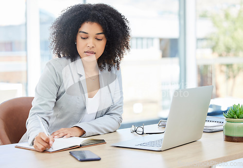 Image of Lawyer, black woman and writing in book at office for legal client appointment note reminder in Chicago, USA. Organisation of corporate attorney girl in professional workplace with diary schedule.