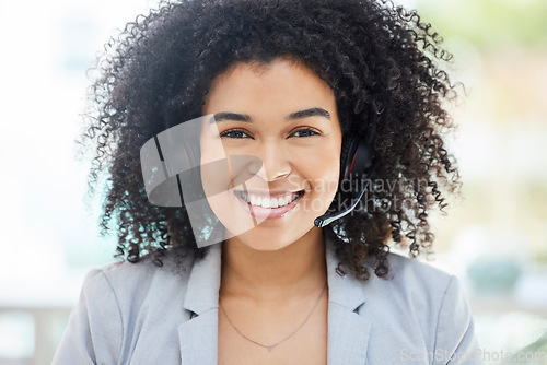 Image of Call center, smile and portrait of business woman for customer service, consulting and technical support. Help desk, advisory and telemarketing with black woman and microphone for phone call sales