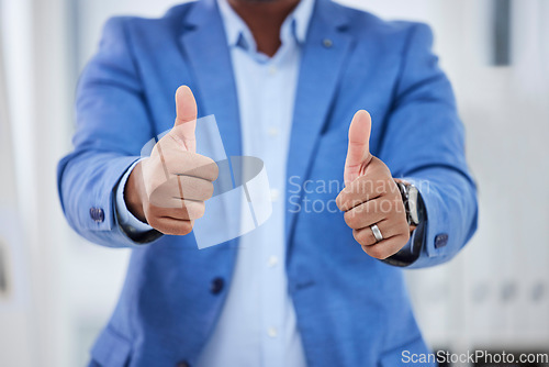 Image of Success, winner and thumbs up with hands of businessman for support, approval and feedback. Thank you, yes and vote with black man and review sign for agreement, achievement and praise opinion