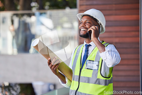 Image of Black man, phone call and architect with construction and architecture, communication and businessman on construction site, networking and blueprint. Phone, call and happy with engineer and building.