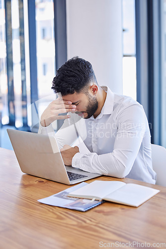 Image of Headache, stress and businessman with burnout, anxiety and mistake on laptop 404 glitch, fail or risk. Tired, sad and confused manager, mental health and pain of tax audit, debt crisis and bankruptcy