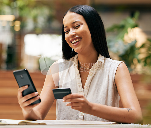 Image of Credit card, ecommerce and woman with phone at cafe for payment, fintech and online shopping. Happy customer, coffee shop and smartphone banking, mobile app money and internet finance on technology