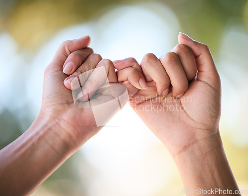 Image of Friends hands, promise and hook fingers for support, trust and love together in nature outdoor. Zoom women and connect pinky hand in hope, respect and commitment link of save the date relationship