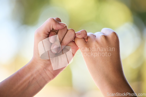 Image of People, promise and fingers for support, trust and love connection in nature outdoors. Closeup, hands and couple of friends link little finger for hope, respect and commitment, kindness and agreement