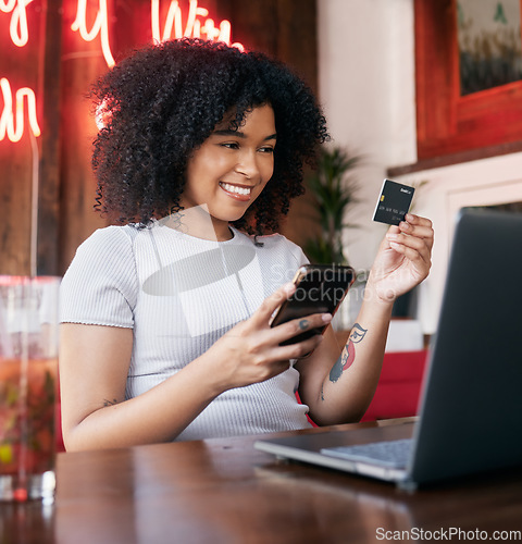 Image of Credit card, phone and woman on laptop in cafe online shopping, ecommerce website payment for fashion sale. Black woman, retail customer and smartphone bank app or internet finance in coffee shop