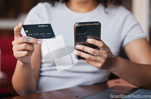 Image of Online shopping, credit card and woman hands with phone for purchase, payment and buying from internet store. Technology, ecommerce and girl typing banking details, data and information on smartphone