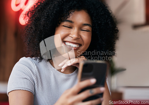 Image of Woman, cafe and phone or wifi search in a restaurant for social media meme or content with joy. Coffee shop, mobile internet and female customer browsing social network for communication or text