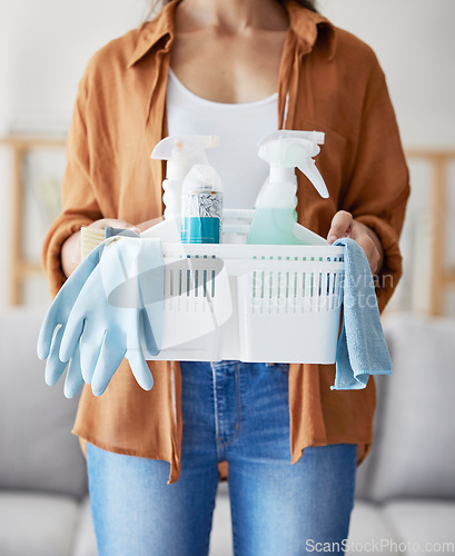 Image of Cleaning service, product basket and cleaner hands for living room home, startup employee with plastic bottle, container and cloth. Woman, hygiene liquid and bacteria spray for spring cleaning career