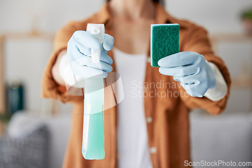 Image of Cleaning service, product or hands with sponge for bacteria, dust or dirty surfaces on furniture in home. Zoom, safety or healthy cleaner with liquid soap chemical in spray bottle for spring cleaning