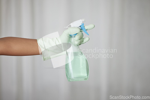 Image of Cleaning, chemical product and cleaner hand with glove, hygiene, house work and detergent spray bottle for spring cleaning. Disinfectant, housekeeping and maid, cleaning service mockup and janitor.