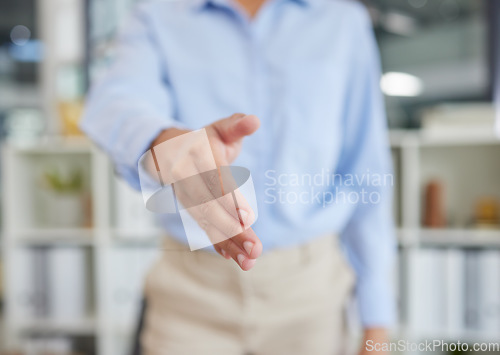 Image of Businessman, handshake and meeting at the office for introduction, welcome or partnership. Employee man shaking hand gesture for teamwork, agreement or deal for b2b, strategy or greeting at workplace