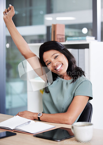 Image of Portrait, success and celebration of black woman in office after achievement of goals, targets or task. Winner, business woman and happy female employee from Nigeria celebrating victory in workplace.