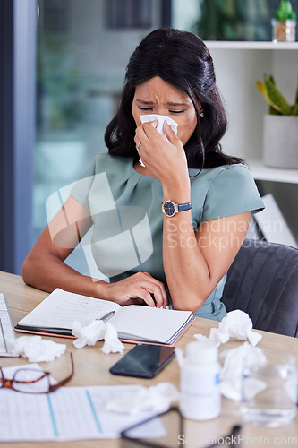 Image of Blowing nose, tissues and black woman in office, frustrated and overworked. Nigerian female, business owner and employee with sickness, illness and flu in workplace, stress and headache for burnout.