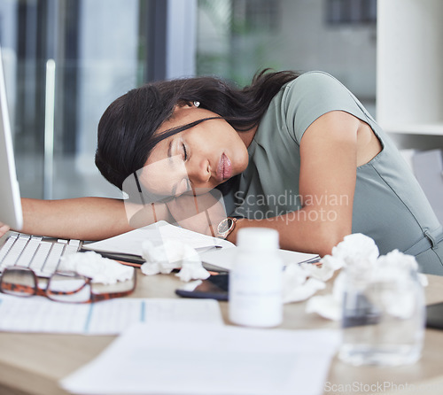 Image of Sleep, burnout or black woman sleeping on office desk for fatigue, exhausted or stress from overwork. Mental health, sick or business woman with 404 headache, research depression or computer anxiety