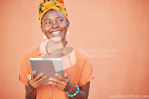 Image of Black woman thinking, head scarf and tablet for connection, idea and search internet on studio background. Jamaican female, device and girl smile with traditional head wrap, reading online and mockup