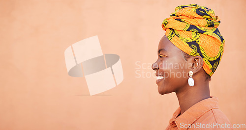 Image of Cosmetics, black woman and smile with head wrap, natural beauty and color on studio background. Jamaican female, profile and lady with traditional headscarf for culture, stylish makeup with mockup.