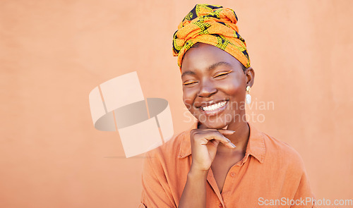 Image of Beauty, smile and black woman, happy and face for skincare cosmetic product with orange wall. Happiness, head scarf and fashion African girl feeling soft skin texture with mockup space outdoor