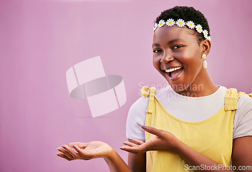 Image of Mockup, marketing or happy black woman against a wall for product placement, advertising or branding space. Mock up, portrait or African girl shows discount commercial, promotion offer or sales deal