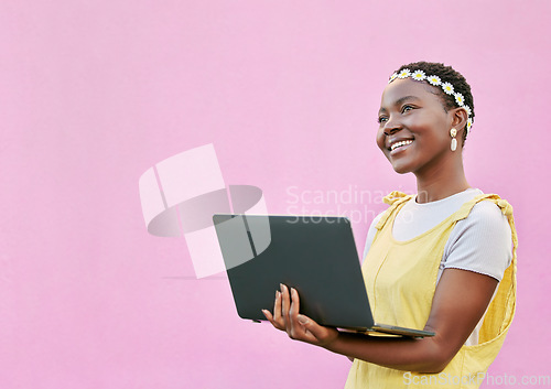 Image of Happy, mock up background and woman with laptop for typing fashion blog, spring online shopping or post to social media app. Marketing mockup, advertising and pink African girl with digital computer