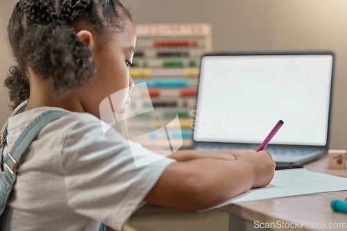 Image of Laptop mockup, online education and elearning with kid, girl and student writing test at table for zoom call lesson. Home school child studying with virtual teaching, technology mock up and internet