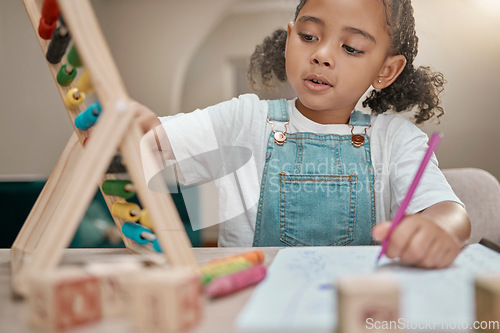 Image of Home learning, education and girl with math abacus ready for kindergarten development at a house. School, study knowledge and test writing of numbers with kid student doing mathematics with focus