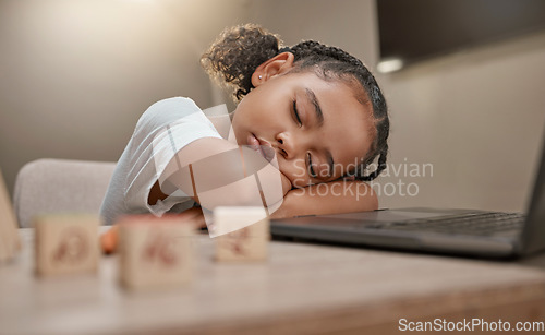 Image of Child sleeping, learning and girl tired from home education, computer and kid development. Study, sleep and online education of a student in a house rest after digital school studying and working