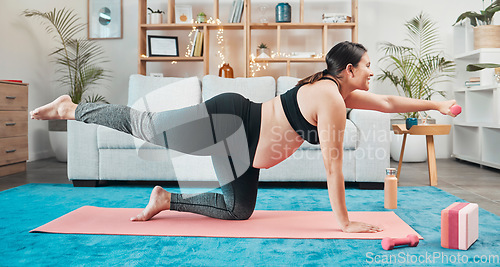 Image of Pregnant woman, yoga and stretching exercise in living room with dumbbell weights, healthy lifestyle and maternity wellness. Pregnancy workout, fitness and pilates training in home lounge for energy