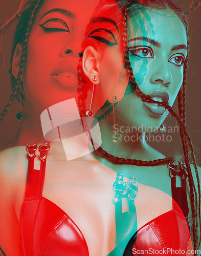 Image of Black woman, punk aesthetic and fashion in studio with sexy leather clothes, makeup and shadow reflection. Sexy woman, model and cosmetic beauty with bdsm, goth rock and dark studio background