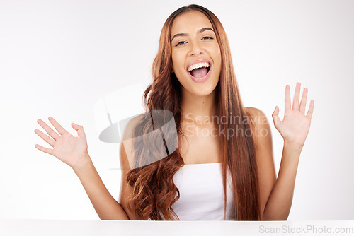 Image of Woman, portrait and hair or beauty with hair care or hair style in a salon on a white studio background. Cosmetics, treatment and face of a female with hair dye, hair treatment or haircut