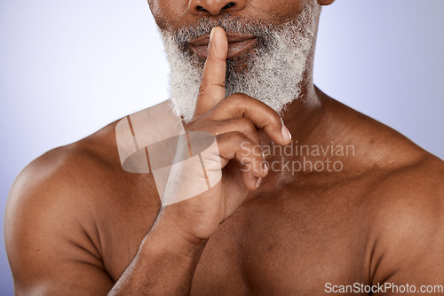 Image of Senior man, skincare secret and face beauty in purple studio for luxury wellness, salon cosmetic care and black man dermatology. Elderly African person, finger on lips and natural facial or body care