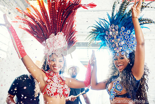 Image of Brazil, samba dancing and carnival event dance for rio de janeiro concert, music festival or Brazilian culture party portrait. Celebration performance, dancer costume and happy salsa for new year