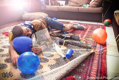 Image of Out like a light. Man sleeping, drunk with alcohol addiction and party, new year celebration with holiday and social event, hungover from drinks. Celebrate with beer, abuse and problem with drinking.