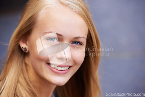 Image of Portrait, teenager and smile for youth happiness or positive student mindset or education motivation. Young woman, happy face and studying confidence, smiling headshot or girl empowerment in Sweden