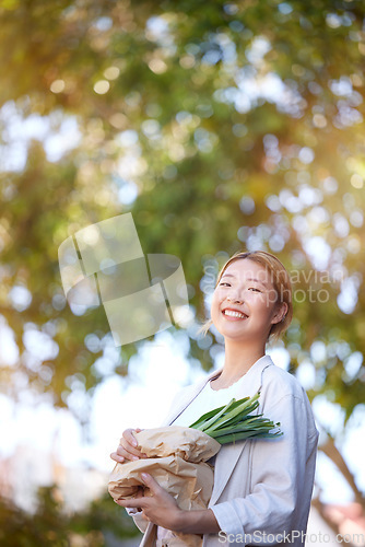 Image of Shopping, vegetables and grocery mockup of customer with eco friendly bag, market sales product or commerce store deal. Tree mock up, vegan nutritionist portrait or Asian girl with retail health food