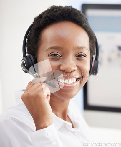 Image of Black woman, call center and portrait smile with headset for telemarketing, customer service or support at the office. Happy African American female face consultant, agent or employee representative